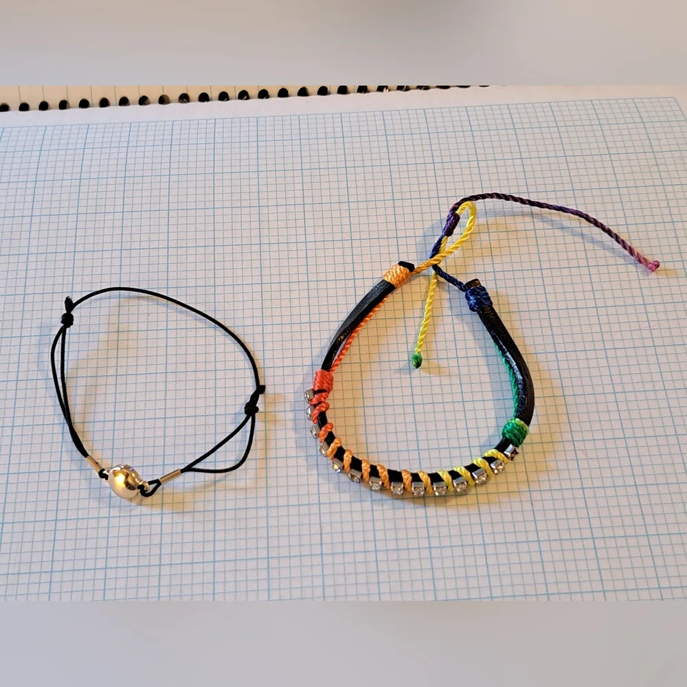 Lot Of 2 Bracelets- Rainbow Cord Bracelet with Gold Circle On Stretchy Black - Picture 3 of 6